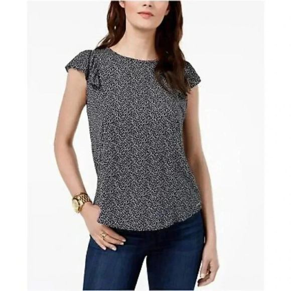 Michael Kors Womens Ruffle Cap Sleeve Blouse Stretch Black White Keyhole sz S - Picture 1 of 10